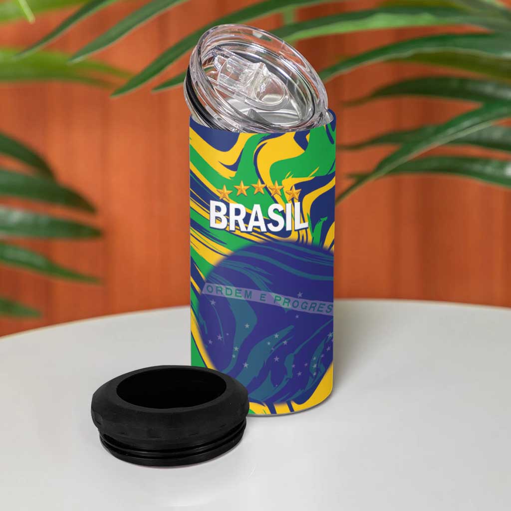 Brazil Football Custom 4 in 1 Can Cooler Tumbler 2026 Vamos Brasil Marble Pattern - Wonder Print Shop
