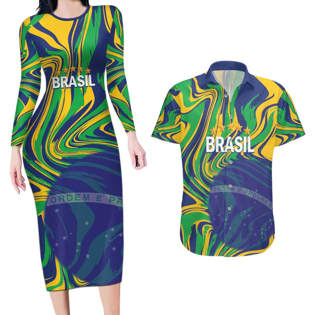 Brazil Football Custom Couples Matching Long Sleeve Bodycon Dress and Hawaiian Shirt 2026 Vamos Brasil Marble Pattern - Wonder Print Shop