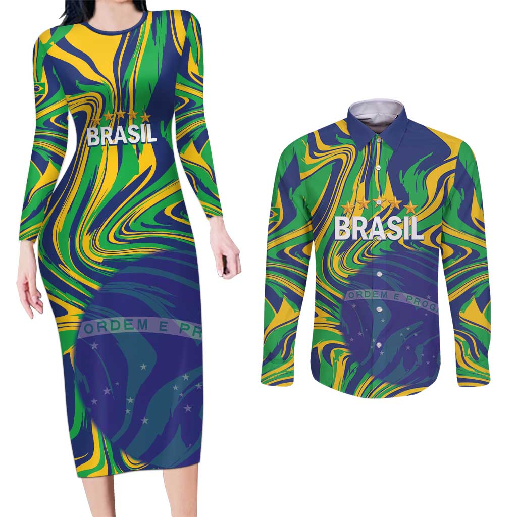 Brazil Football Custom Couples Matching Long Sleeve Bodycon Dress and Long Sleeve Button Shirt 2026 Vamos Brasil Marble Pattern - Wonder Print Shop