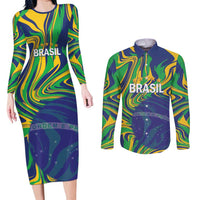 Brazil Football Custom Couples Matching Long Sleeve Bodycon Dress and Long Sleeve Button Shirt 2026 Vamos Brasil Marble Pattern - Wonder Print Shop