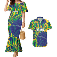 Brazil Football Custom Couples Matching Mermaid Dress and Hawaiian Shirt 2026 Vamos Brasil Marble Pattern - Wonder Print Shop