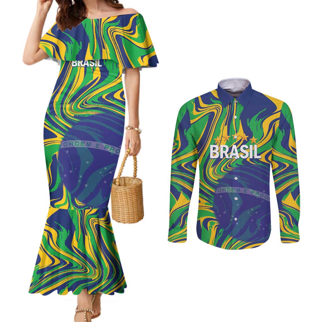 Brazil Football Custom Couples Matching Mermaid Dress and Long Sleeve Button Shirt 2026 Vamos Brasil Marble Pattern - Wonder Print Shop