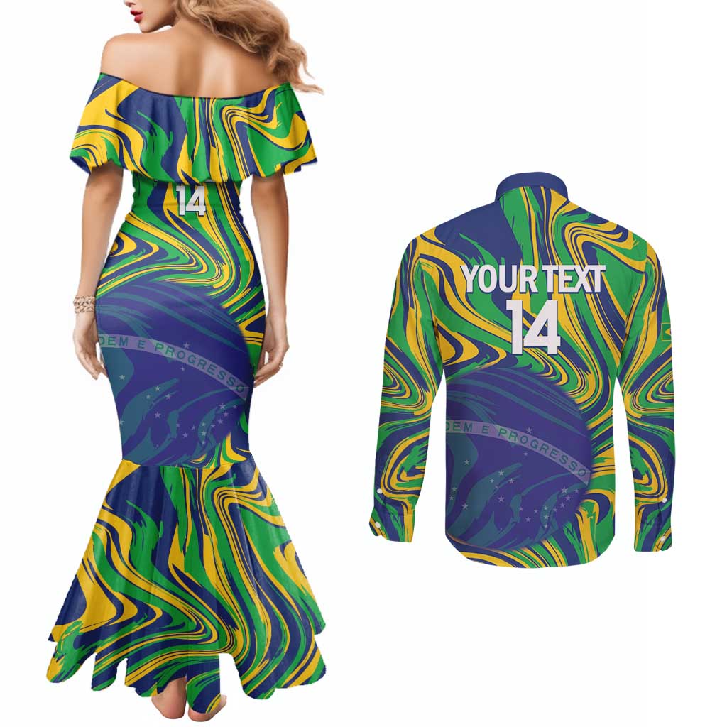 Brazil Football Custom Couples Matching Mermaid Dress and Long Sleeve Button Shirt 2026 Vamos Brasil Marble Pattern - Wonder Print Shop