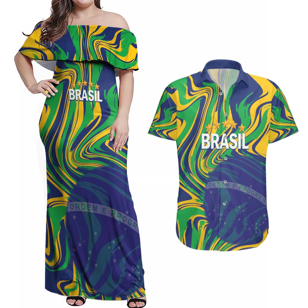 Brazil Football Custom Couples Matching Off Shoulder Maxi Dress and Hawaiian Shirt 2026 Vamos Brasil Marble Pattern - Wonder Print Shop