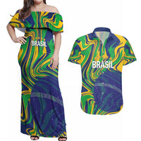 Brazil Football Custom Couples Matching Off Shoulder Maxi Dress and Hawaiian Shirt 2026 Vamos Brasil Marble Pattern - Wonder Print Shop