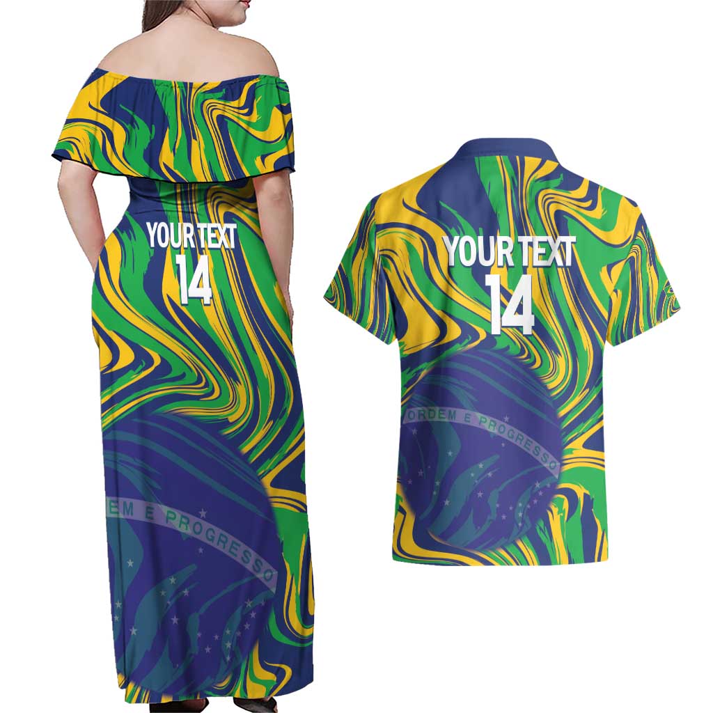 Brazil Football Custom Couples Matching Off Shoulder Maxi Dress and Hawaiian Shirt 2026 Vamos Brasil Marble Pattern - Wonder Print Shop