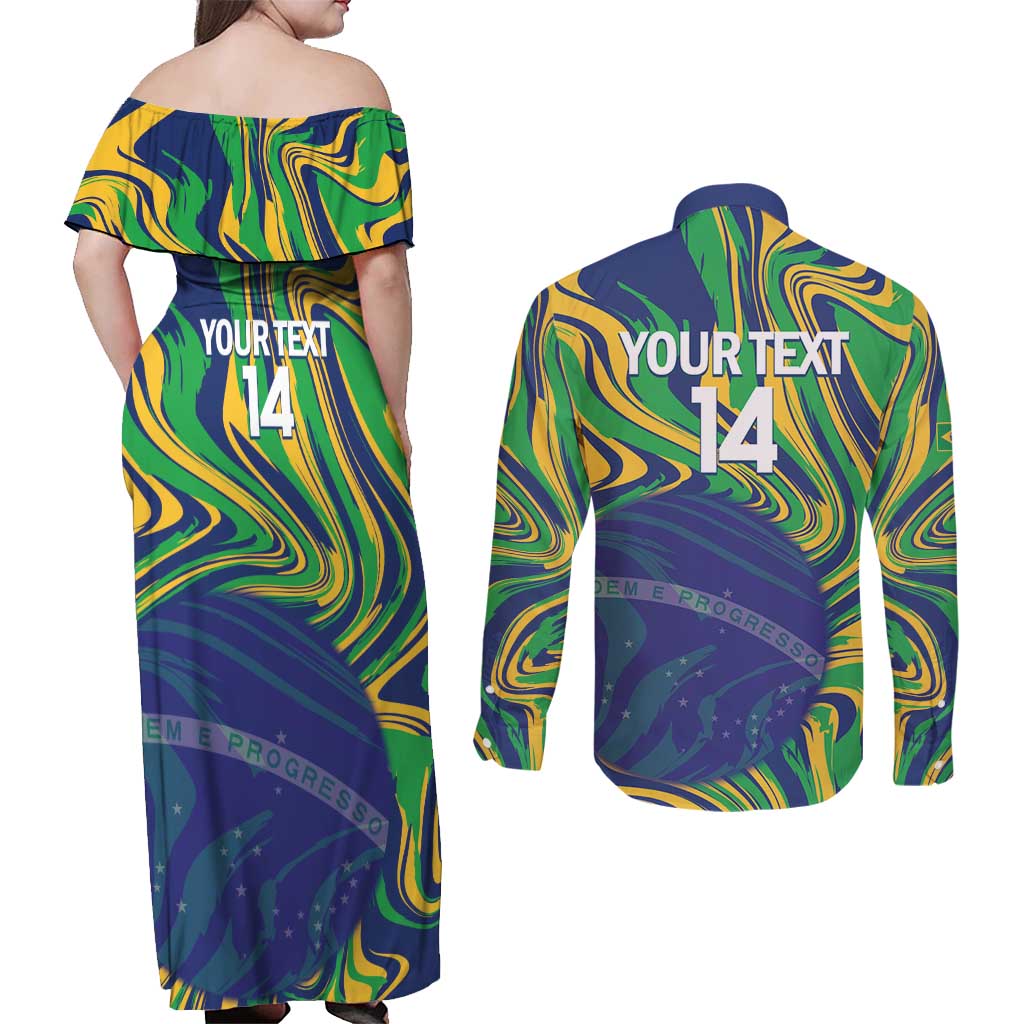 Brazil Football Custom Couples Matching Off Shoulder Maxi Dress and Long Sleeve Button Shirt 2026 Vamos Brasil Marble Pattern - Wonder Print Shop