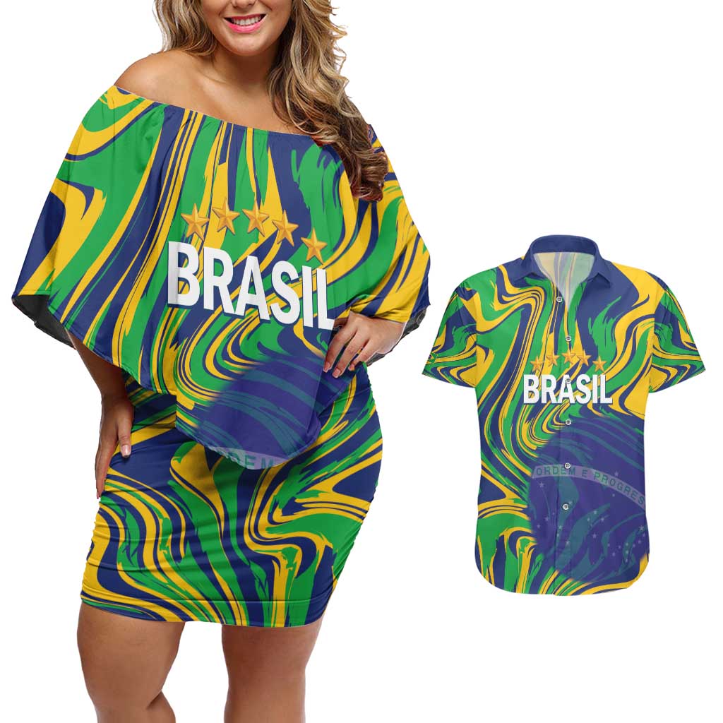 Brazil Football Custom Couples Matching Off Shoulder Short Dress and Hawaiian Shirt 2026 Vamos Brasil Marble Pattern - Wonder Print Shop