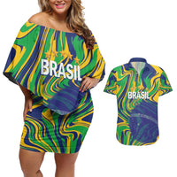 Brazil Football Custom Couples Matching Off Shoulder Short Dress and Hawaiian Shirt 2026 Vamos Brasil Marble Pattern - Wonder Print Shop