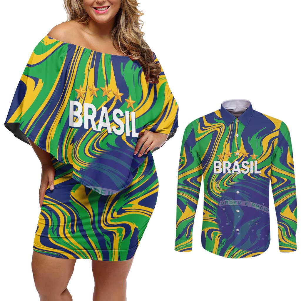 Brazil Football Custom Couples Matching Off Shoulder Short Dress and Long Sleeve Button Shirt 2026 Vamos Brasil Marble Pattern - Wonder Print Shop