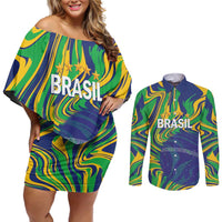 Brazil Football Custom Couples Matching Off Shoulder Short Dress and Long Sleeve Button Shirt 2026 Vamos Brasil Marble Pattern - Wonder Print Shop
