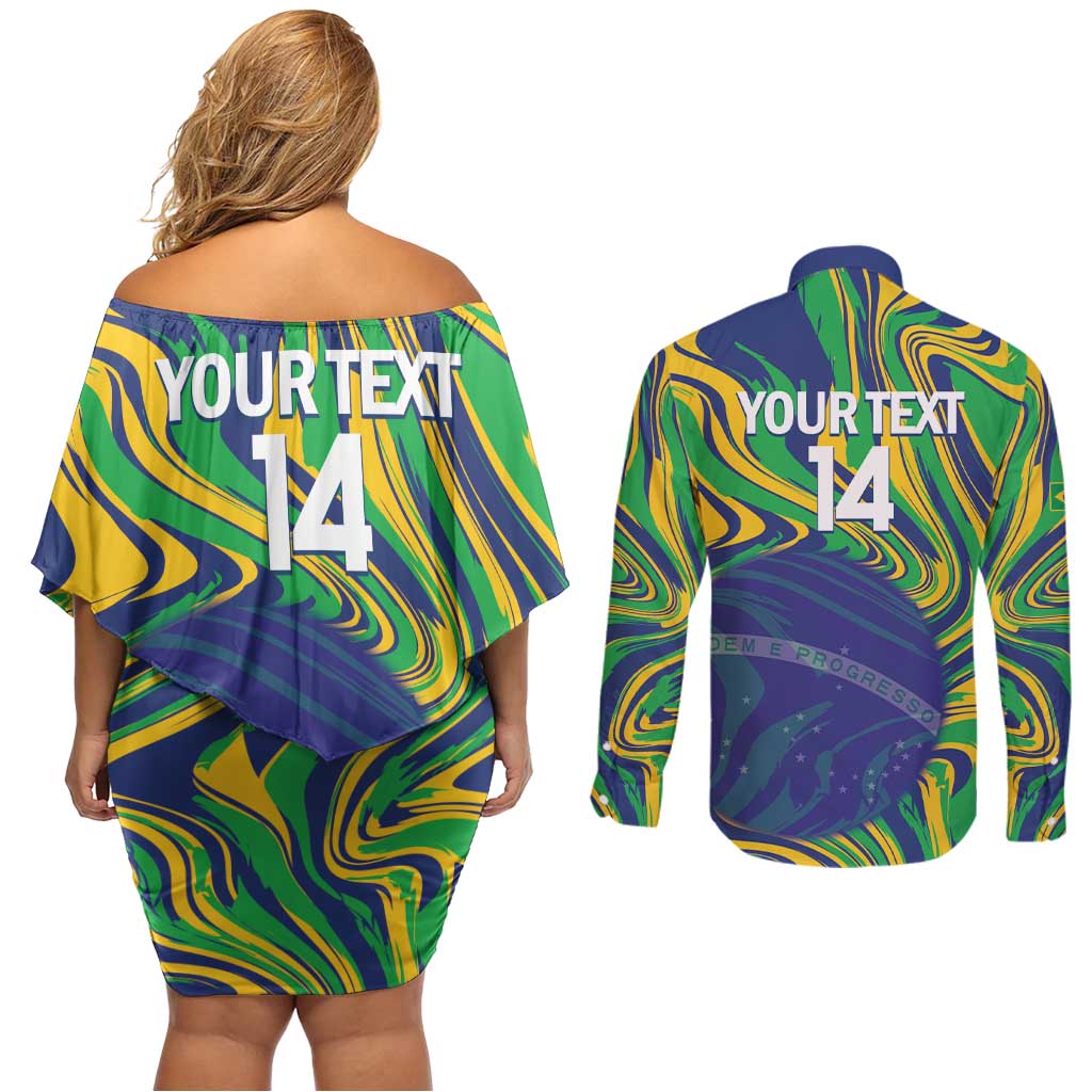 Brazil Football Custom Couples Matching Off Shoulder Short Dress and Long Sleeve Button Shirt 2026 Vamos Brasil Marble Pattern - Wonder Print Shop
