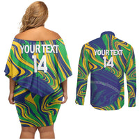 Brazil Football Custom Couples Matching Off Shoulder Short Dress and Long Sleeve Button Shirt 2026 Vamos Brasil Marble Pattern - Wonder Print Shop
