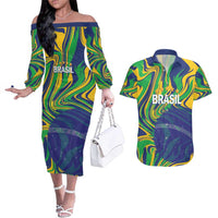 Brazil Football Custom Couples Matching Off The Shoulder Long Sleeve Dress and Hawaiian Shirt 2026 Vamos Brasil Marble Pattern - Wonder Print Shop