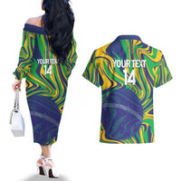 Brazil Football Custom Couples Matching Off The Shoulder Long Sleeve Dress and Hawaiian Shirt 2026 Vamos Brasil Marble Pattern - Wonder Print Shop