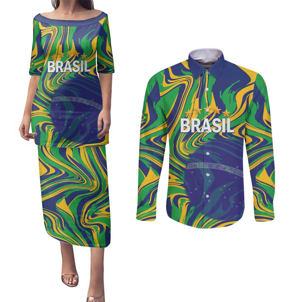 Brazil Football Custom Couples Matching Puletasi and Long Sleeve Button Shirt 2026 Vamos Brasil Marble Pattern - Wonder Print Shop