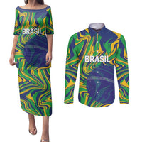 Brazil Football Custom Couples Matching Puletasi and Long Sleeve Button Shirt 2026 Vamos Brasil Marble Pattern - Wonder Print Shop