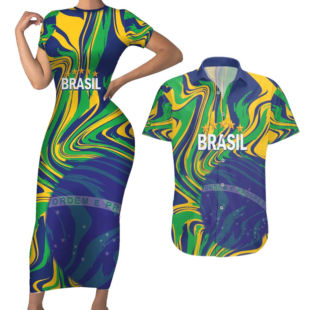 Brazil Football Custom Couples Matching Short Sleeve Bodycon Dress and Hawaiian Shirt 2026 Vamos Brasil Marble Pattern - Wonder Print Shop