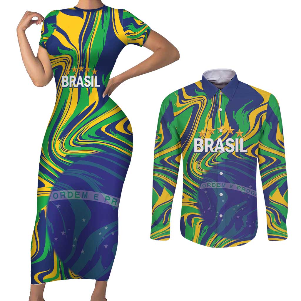 Brazil Football Custom Couples Matching Short Sleeve Bodycon Dress and Long Sleeve Button Shirt 2026 Vamos Brasil Marble Pattern - Wonder Print Shop