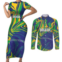 Brazil Football Custom Couples Matching Short Sleeve Bodycon Dress and Long Sleeve Button Shirt 2026 Vamos Brasil Marble Pattern - Wonder Print Shop