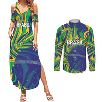 Brazil Football Custom Couples Matching Summer Maxi Dress and Long Sleeve Button Shirt 2026 Vamos Brasil Marble Pattern - Wonder Print Shop