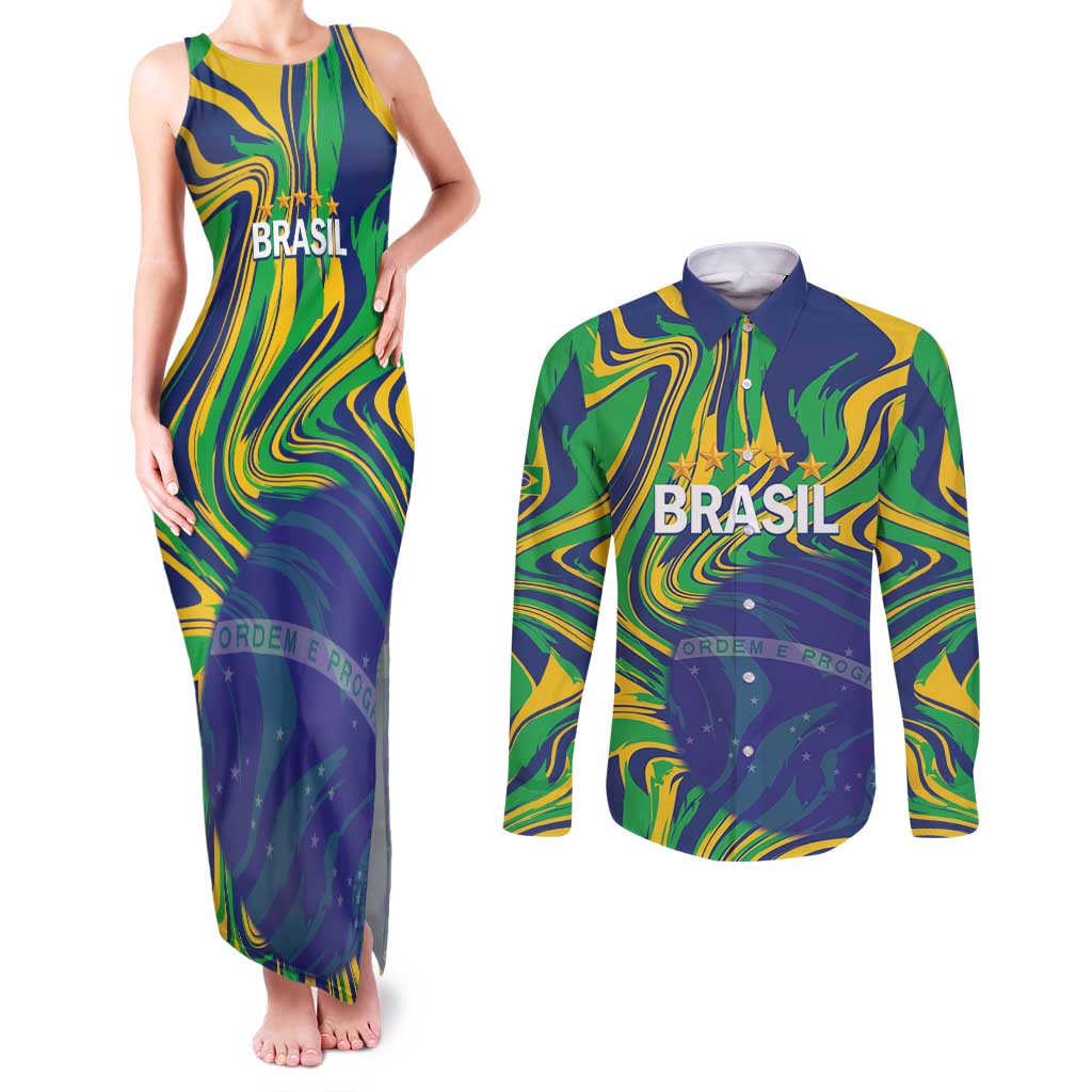 Brazil Football Custom Couples Matching Tank Maxi Dress and Long Sleeve Button Shirt 2026 Vamos Brasil Marble Pattern - Wonder Print Shop