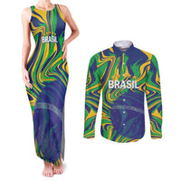 Brazil Football Custom Couples Matching Tank Maxi Dress and Long Sleeve Button Shirt 2026 Vamos Brasil Marble Pattern - Wonder Print Shop