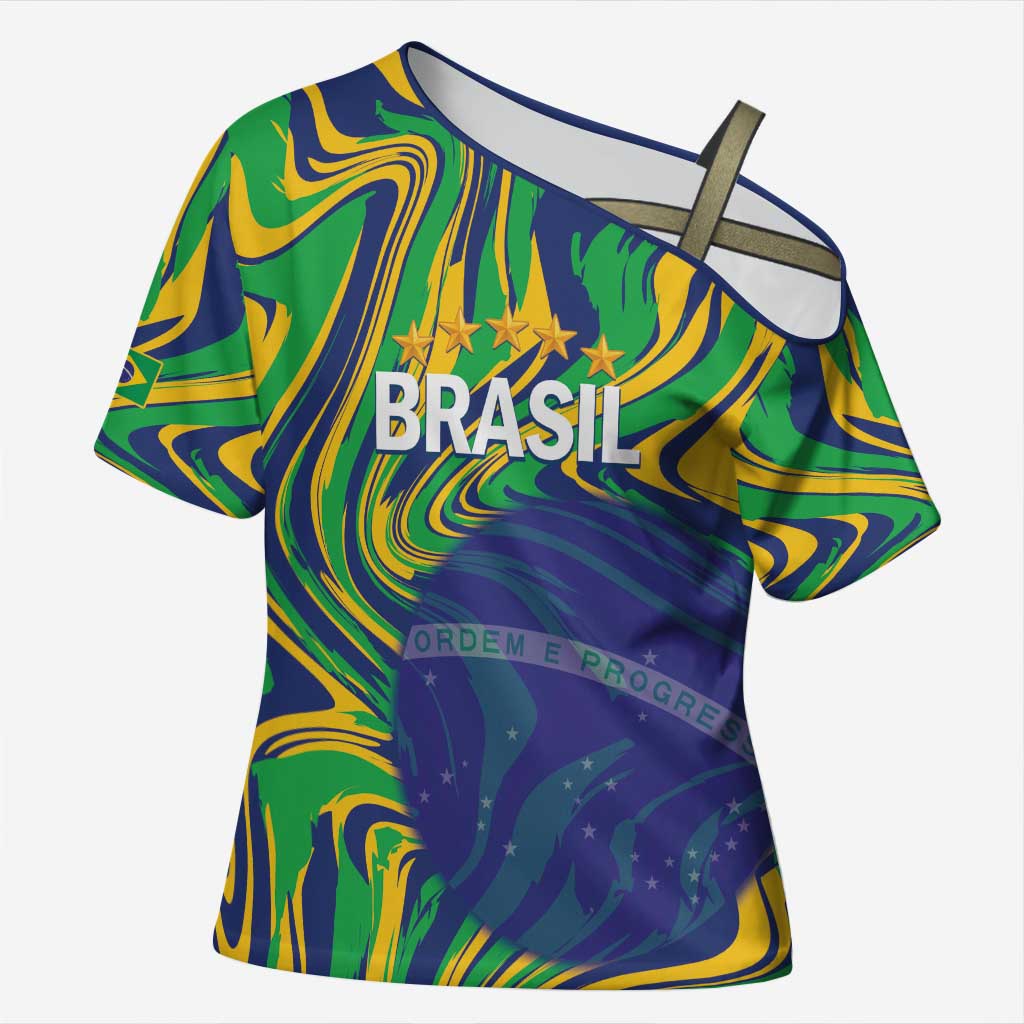 Brazil Football Custom Cross Shoulder Shirt 2026 Vamos Brasil Marble Pattern - Wonder Print Shop