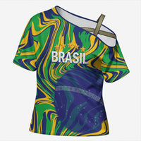 Brazil Football Custom Cross Shoulder Shirt 2026 Vamos Brasil Marble Pattern - Wonder Print Shop