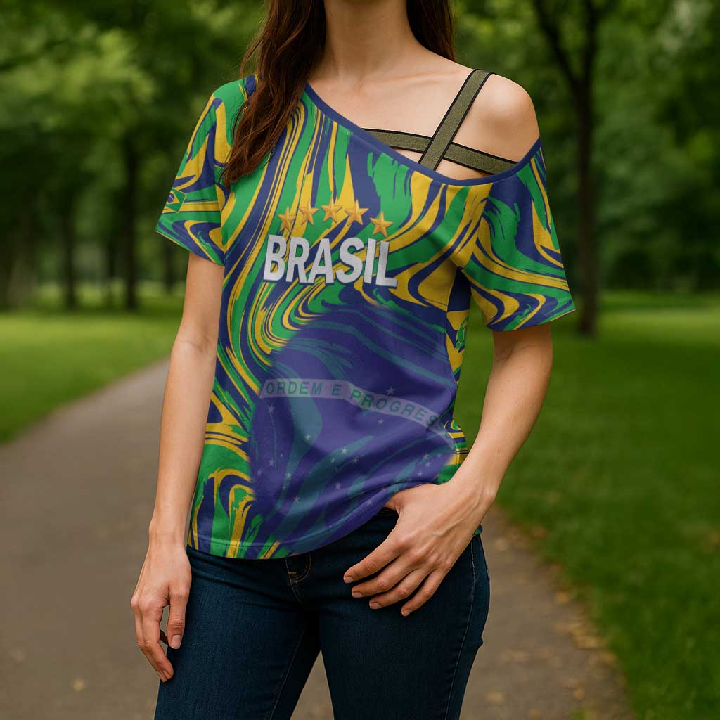 Brazil Football Custom Cross Shoulder Shirt 2026 Vamos Brasil Marble Pattern - Wonder Print Shop