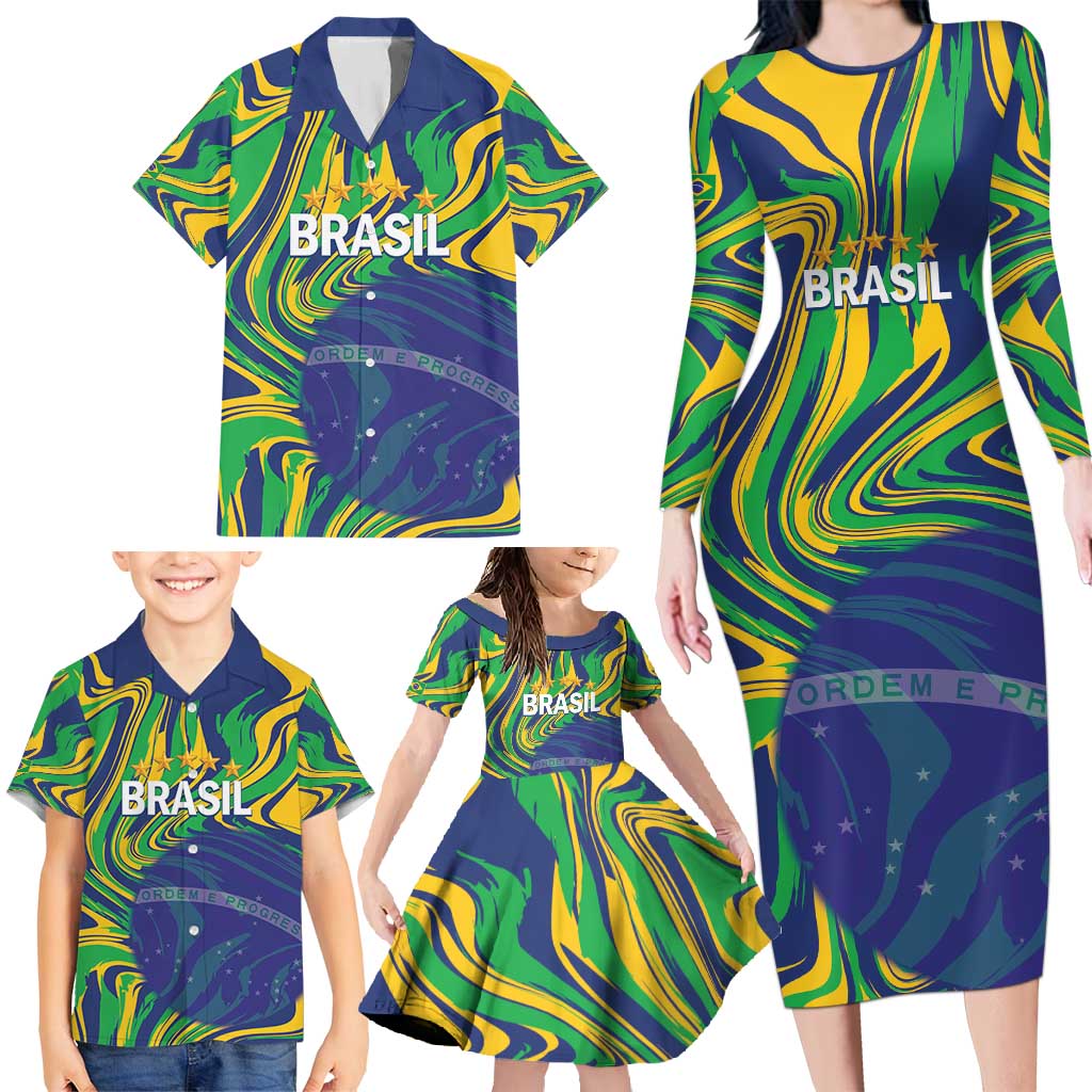 Brazil Football Custom Family Matching Long Sleeve Bodycon Dress and Hawaiian Shirt 2026 Vamos Brasil Marble Pattern - Wonder Print Shop