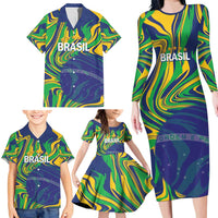 Brazil Football Custom Family Matching Long Sleeve Bodycon Dress and Hawaiian Shirt 2026 Vamos Brasil Marble Pattern - Wonder Print Shop