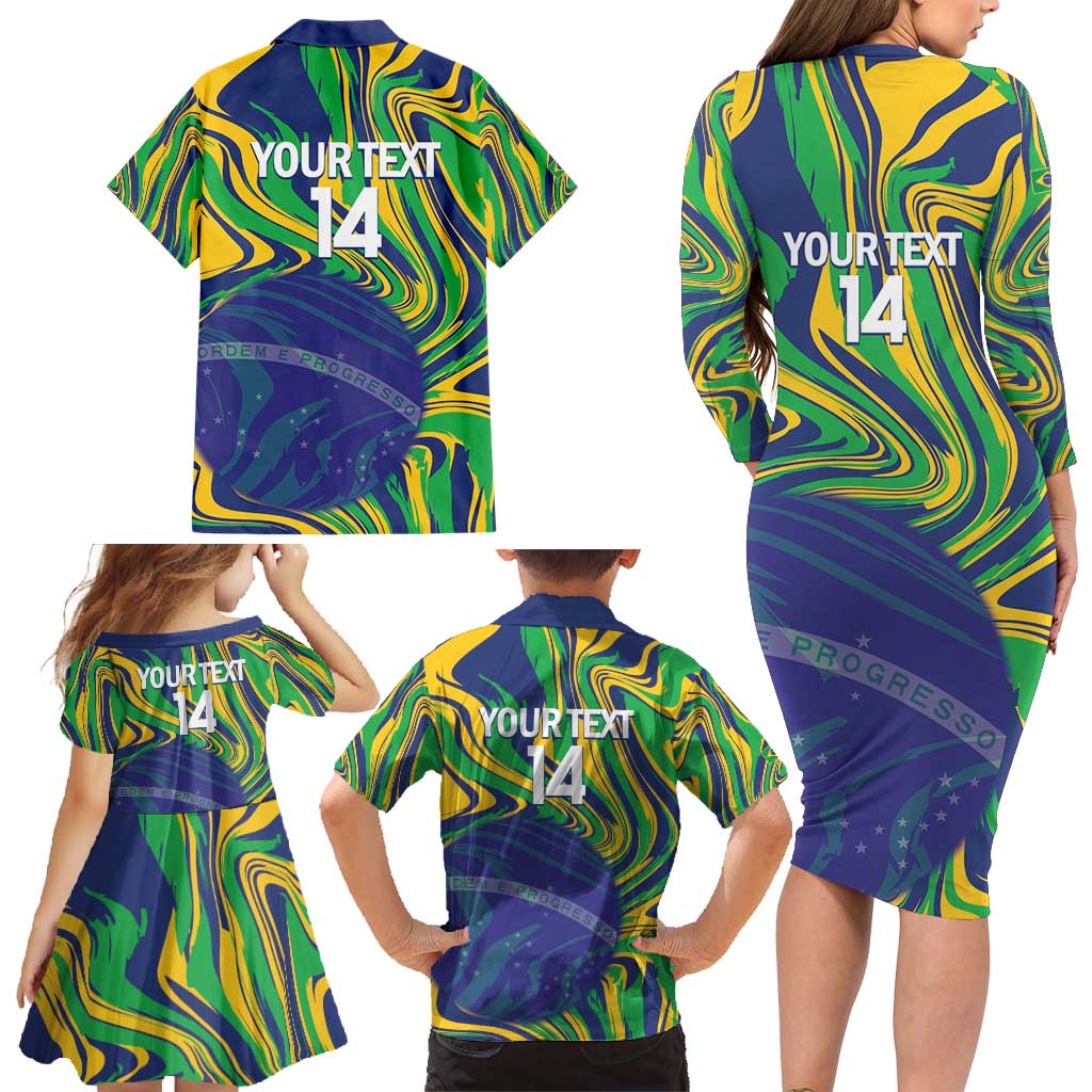 Brazil Football Custom Family Matching Long Sleeve Bodycon Dress and Hawaiian Shirt 2026 Vamos Brasil Marble Pattern - Wonder Print Shop