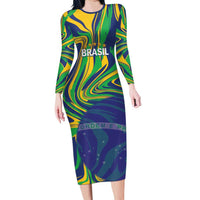 Brazil Football Custom Family Matching Long Sleeve Bodycon Dress and Hawaiian Shirt 2026 Vamos Brasil Marble Pattern - Wonder Print Shop