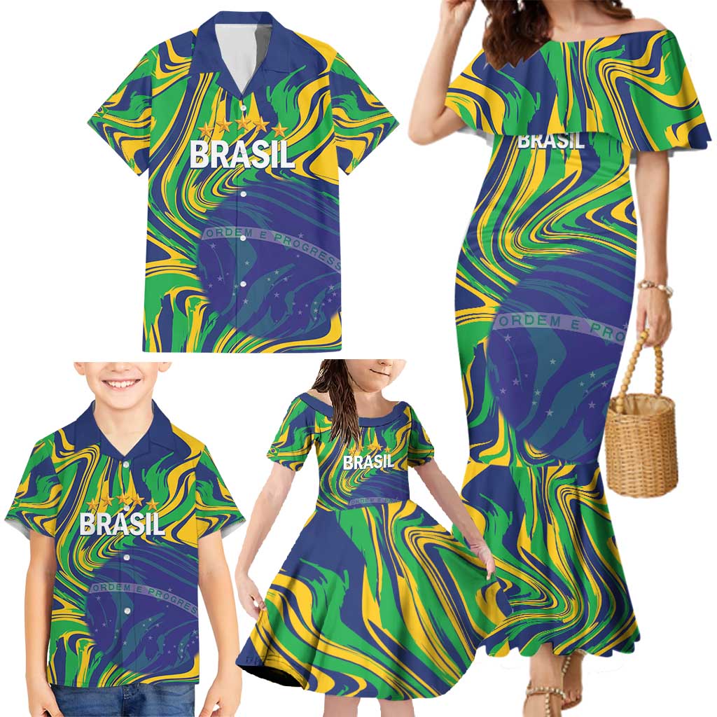 Brazil Football Custom Family Matching Mermaid Dress and Hawaiian Shirt 2026 Vamos Brasil Marble Pattern - Wonder Print Shop