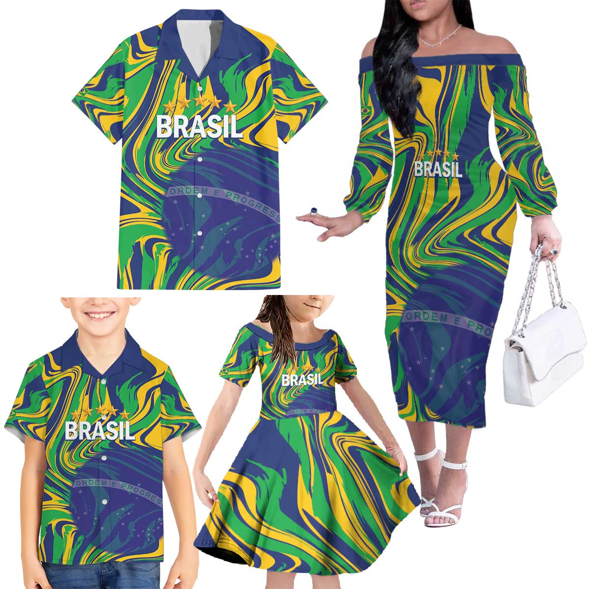 Brazil Football Custom Family Matching Off The Shoulder Long Sleeve Dress and Hawaiian Shirt 2026 Vamos Brasil Marble Pattern - Wonder Print Shop