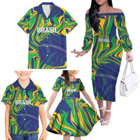 Brazil Football Custom Family Matching Off The Shoulder Long Sleeve Dress and Hawaiian Shirt 2026 Vamos Brasil Marble Pattern - Wonder Print Shop