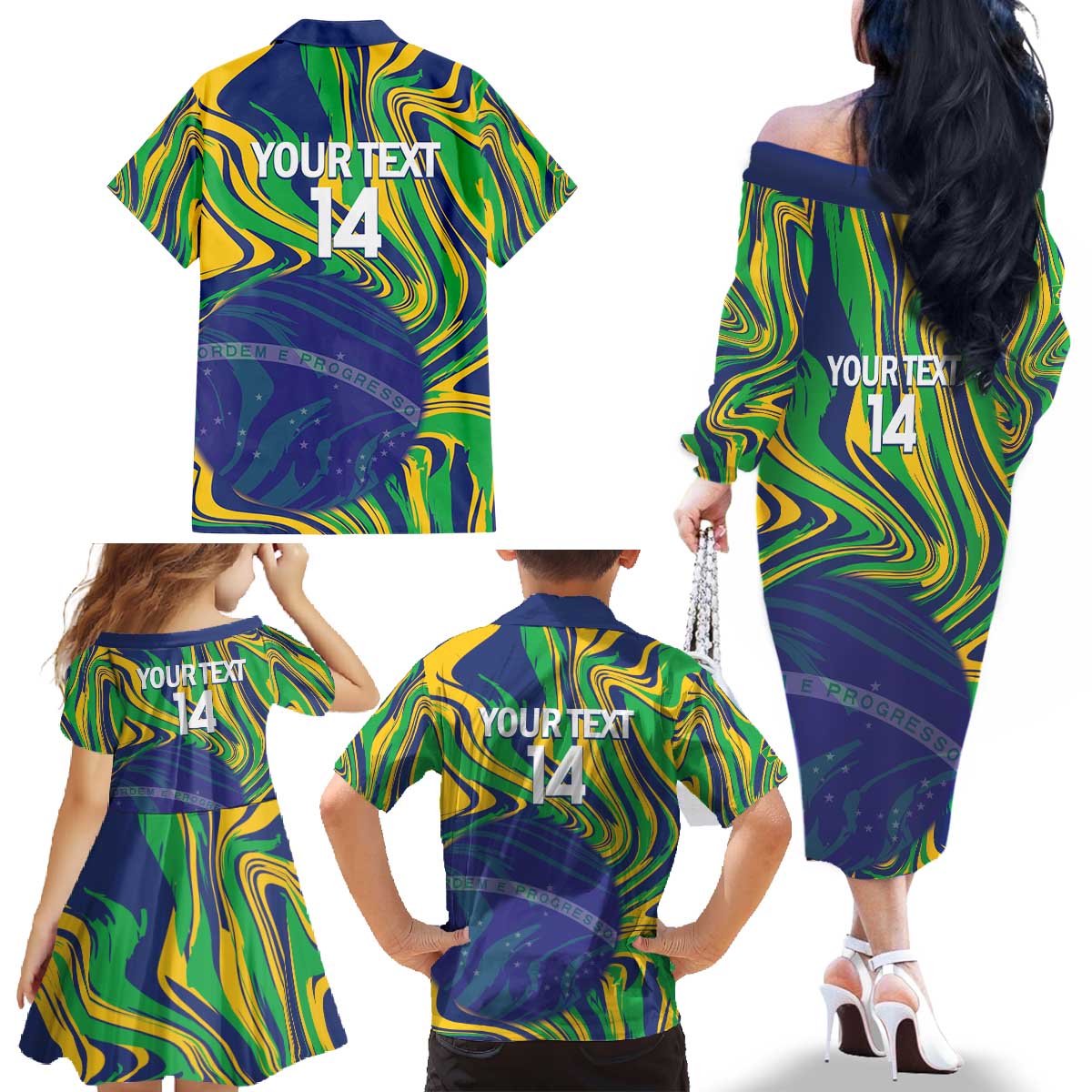 Brazil Football Custom Family Matching Off The Shoulder Long Sleeve Dress and Hawaiian Shirt 2026 Vamos Brasil Marble Pattern - Wonder Print Shop