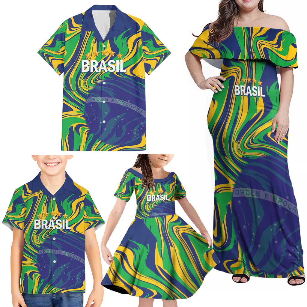 Brazil Football Custom Family Matching Off Shoulder Maxi Dress and Hawaiian Shirt 2026 Vamos Brasil Marble Pattern - Wonder Print Shop