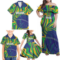 Brazil Football Custom Family Matching Off Shoulder Maxi Dress and Hawaiian Shirt 2026 Vamos Brasil Marble Pattern - Wonder Print Shop
