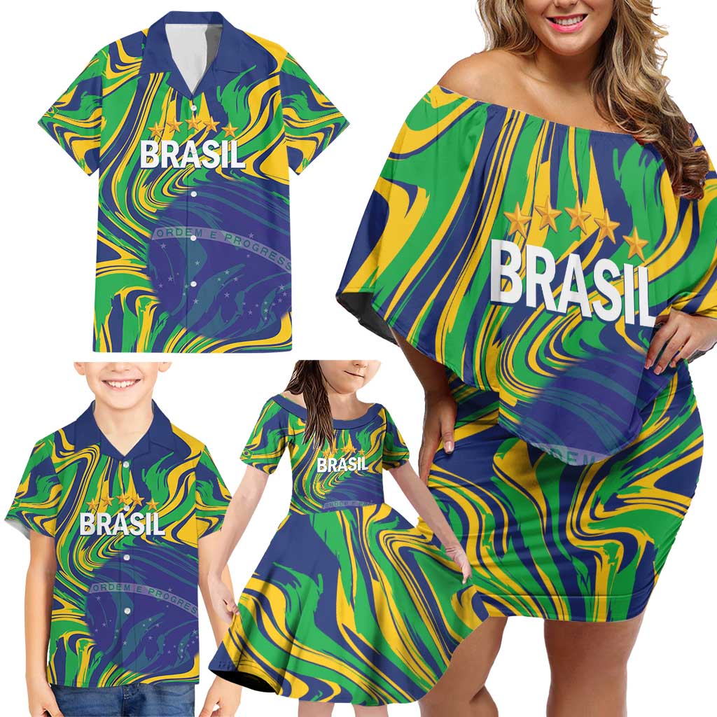 Brazil Football Custom Family Matching Off Shoulder Short Dress and Hawaiian Shirt 2026 Vamos Brasil Marble Pattern - Wonder Print Shop