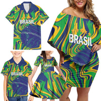 Brazil Football Custom Family Matching Off Shoulder Short Dress and Hawaiian Shirt 2026 Vamos Brasil Marble Pattern - Wonder Print Shop