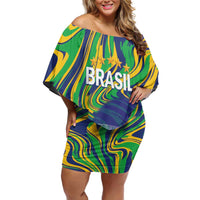 Brazil Football Custom Family Matching Off Shoulder Short Dress and Hawaiian Shirt 2026 Vamos Brasil Marble Pattern - Wonder Print Shop