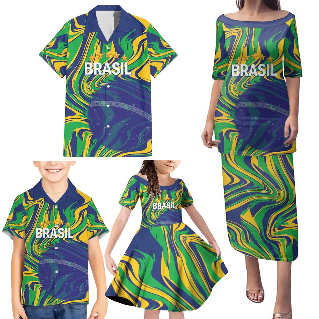Brazil Football Custom Family Matching Puletasi and Hawaiian Shirt 2026 Vamos Brasil Marble Pattern - Wonder Print Shop