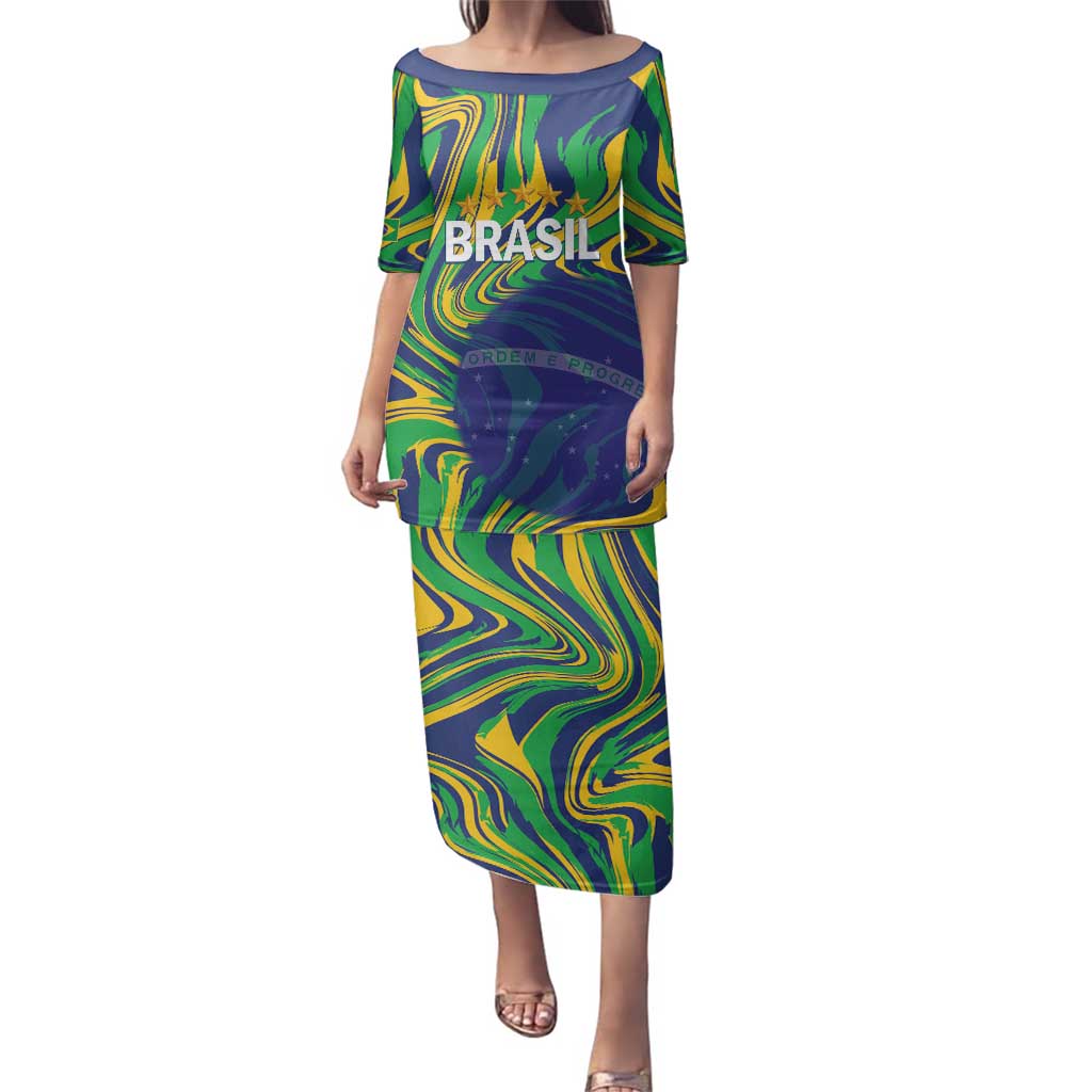 Brazil Football Custom Family Matching Puletasi and Hawaiian Shirt 2026 Vamos Brasil Marble Pattern - Wonder Print Shop