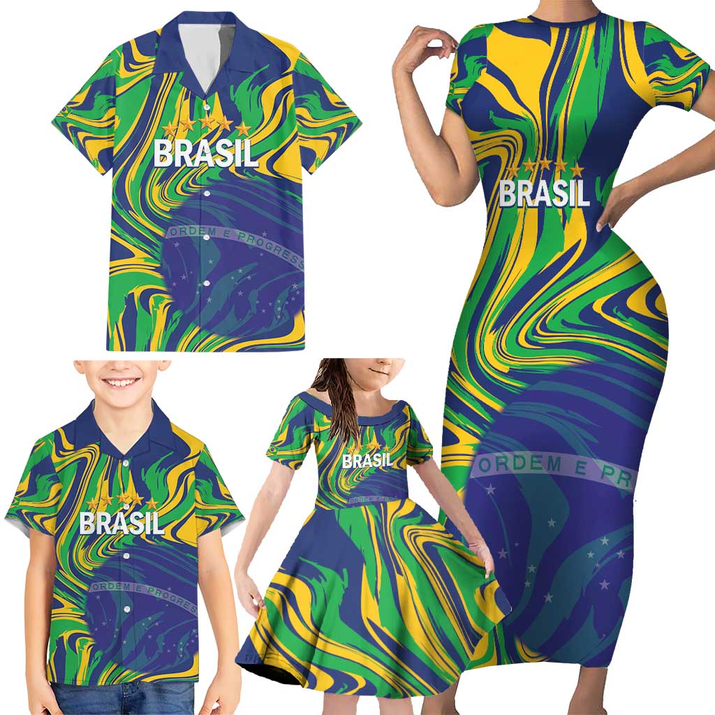 Brazil Football Custom Family Matching Short Sleeve Bodycon Dress and Hawaiian Shirt 2026 Vamos Brasil Marble Pattern - Wonder Print Shop