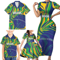 Brazil Football Custom Family Matching Short Sleeve Bodycon Dress and Hawaiian Shirt 2026 Vamos Brasil Marble Pattern - Wonder Print Shop