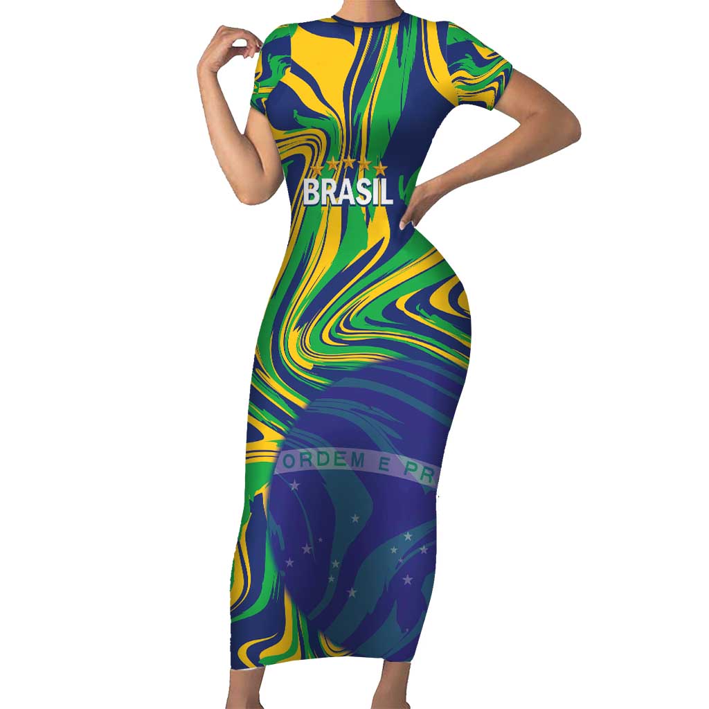 Brazil Football Custom Family Matching Short Sleeve Bodycon Dress and Hawaiian Shirt 2026 Vamos Brasil Marble Pattern - Wonder Print Shop