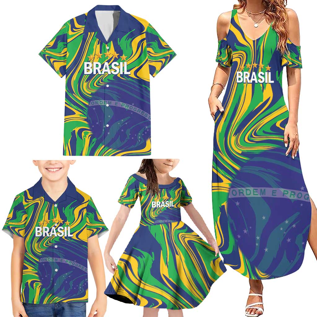 Brazil Football Custom Family Matching Summer Maxi Dress and Hawaiian Shirt 2026 Vamos Brasil Marble Pattern - Wonder Print Shop