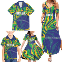 Brazil Football Custom Family Matching Summer Maxi Dress and Hawaiian Shirt 2026 Vamos Brasil Marble Pattern - Wonder Print Shop